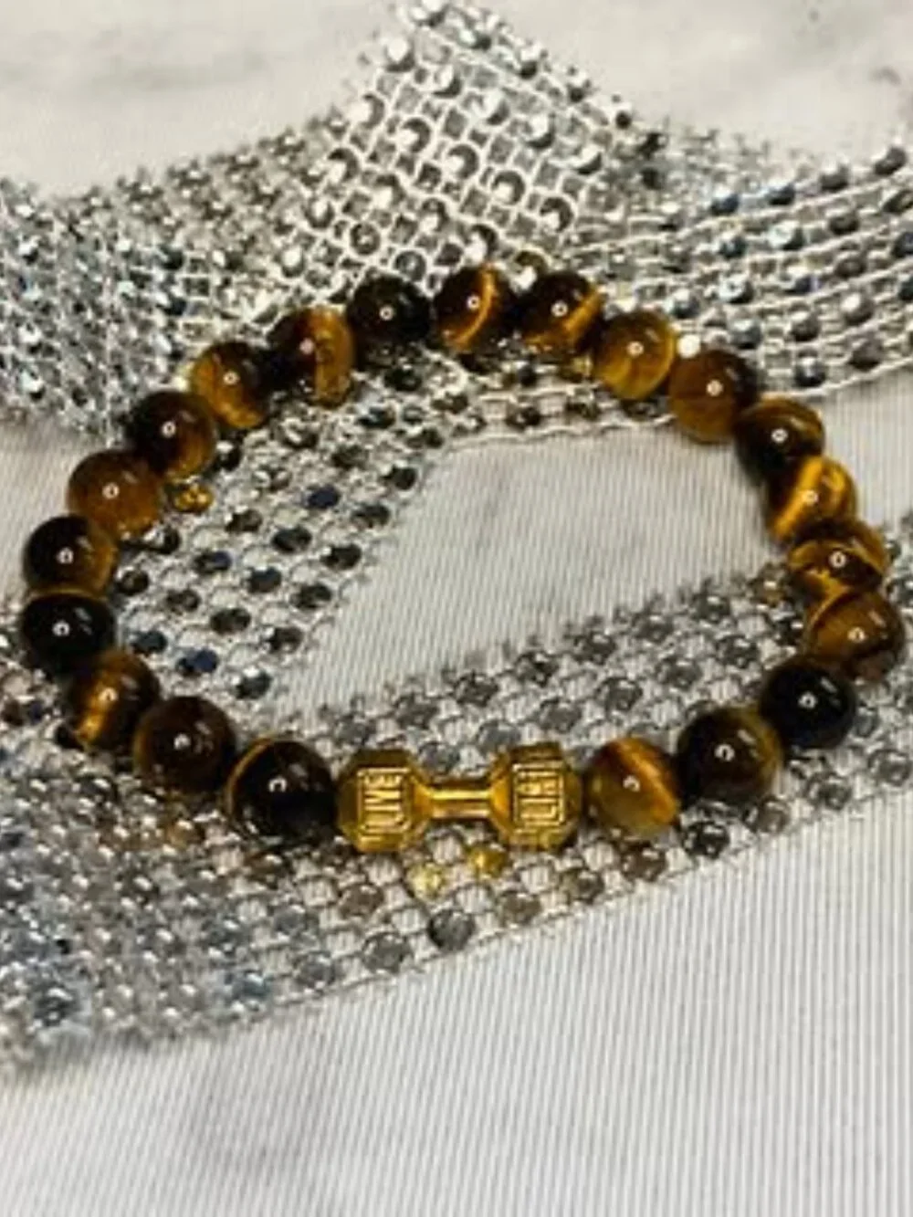 Gold Dumb Bell * Yellow Tiger Eye Beads